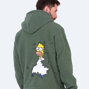 Sudadera extragrande con diseño de osito de peluche bordado con el meme de Homer Simpson Bush. Divertida y acogedora prenda unisex para amantes de los memes y fans de Los Simpson.