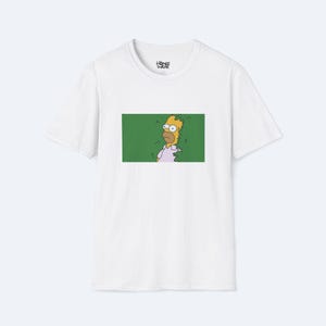 Homer verdwijnt in een struik Wit unisex softstyle T-shirt, grappige cartoon grafisch shirt, mannen vrouwen top, humoristische tv-personagekleding, aangepast