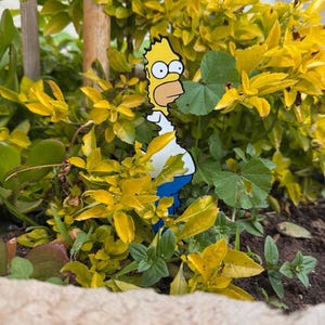 May include: A yellow cartoon character with blue pants is hiding behind a bush with yellow leaves.