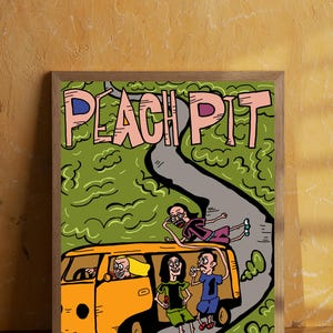 Póster de la banda Peach Pit: Impresión artística de dibujos animados de viajes por carretera retro