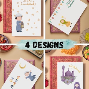 Cartões-presente Eid Cash para imprimir | 4x Cartões A6 imprimíveis para Bayram | Presente muçulmano para crianças | Cartões de felicitações islâmicos