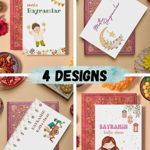 Cartões-presente Bayram Cash para imprimir | 4x Cartões A6 imprimíveis para Bayram | Presente muçulmano para crianças | Cartões de felicitações islâmicos