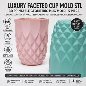 Puede incluir: Un molde de taza facetada geométrica rosa y turquesa. La taza rosa tiene un borde dorado. La imagen incluye el texto "LUXURY FACETED CUP MOLD STL" y "EASY TO PRINT & USE!"