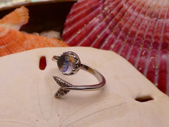 Natural Moonstone Silver Mermaid Fishtail Ring Ad… - image 1