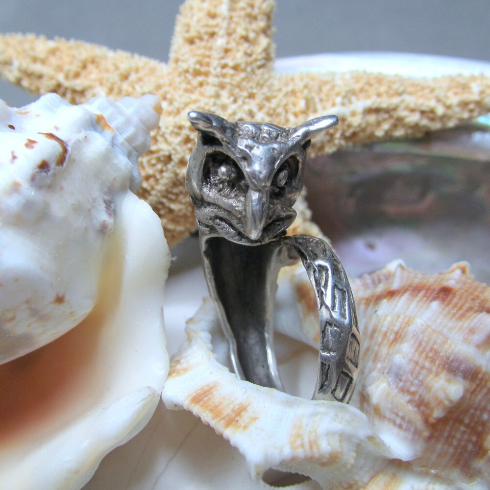 Sterling Silver Mid Century Vintage 3D Owl Wrap Ring 9.09g  SZ 5.5