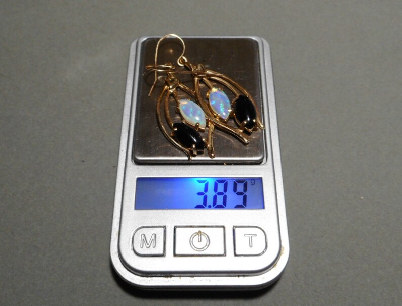 14k Opal and Onyx Dangle Drop Earrings Yellow Gold 3.89g