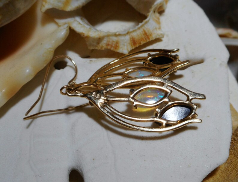 14k Opal and Onyx Dangle Drop Earrings Yellow Gold 3.89g