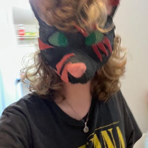 May include: A black cat mask with red, green, and pink details. The mask is worn over a black t-shirt with yellow text that reads "NIRVANA". The mask has large, pointed ears and is made of a soft material.
