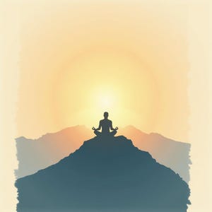 Könnte beinhalten: Silhouette einer Person, die in der Lotusposition auf einem Berg meditiert, vor einem warmen, goldenen Sonnenuntergang. Das Bild zeigt eine ruhige Landschaft mit geschichteten Bergketten in Blau- und Orangetönen, die ein Gefühl von Frieden vermitteln.
