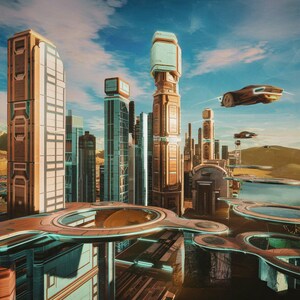 May include: Futuristic cityscape with tall, ornate buildings in shades of brown and beige, set against a blue sky with scattered clouds. Flying vehicles are visible. The scene has a sci-fi theme.