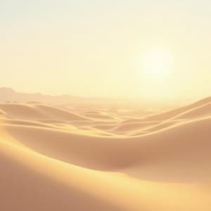 Könnte beinhalten: Eine Wüstenlandschaft mit wellenförmigen Sanddünen unter einem hellen, dunstigen Himmel. Das Bild wird von warmem, goldenem Licht durchflutet, das eine Wüstenumgebung bei Sonnenaufgang oder -untergang suggeriert. Die Dünen haben weiche, fließende Kurven.