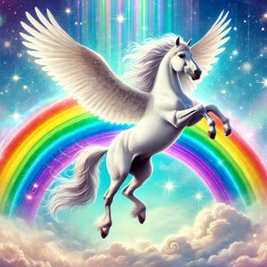 May include: A white winged unicorn with a rainbow behind it, flying through a starry sky with clouds.