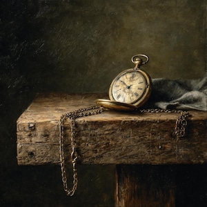 Könnte beinhalten: Eine goldene Taschenuhr mit offenem Zifferblatt liegt auf einer verwitterten Holzoberfläche. Die Uhr hat römische Ziffern und eine Kette. Der Hintergrund ist eine dunkle, strukturierte Wand, die eine klassische, antike Ästhetik erzeugt.
