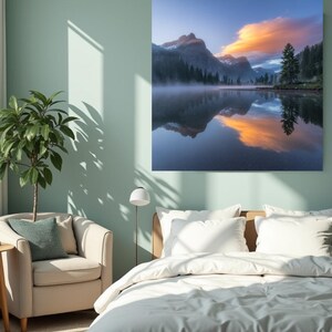 Könnte beinhalten: Ein gerahmter Landschaftsdruck zeigt eine Bergkette, die sich in einem ruhigen See spiegelt. Der Himmel zeigt leuchtende orange und rosa Wolken. Die Szene spielt in einem Schlafzimmer mit Bett, Sessel und einer Topfpflanze.
