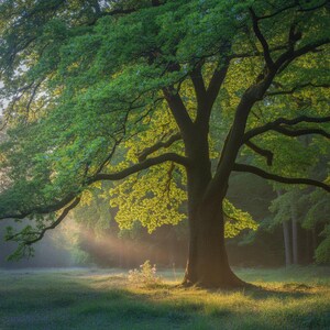 Könnte beinhalten: Ein großer, reifer Baum mit dickem Stamm und weit ausladenden Ästen, bedeckt mit leuchtend grünen Blättern. Sonnenlicht scheint durch das Laub und beleuchtet den grasbewachsenen Waldboden. Die Szene vermittelt ein Gefühl von Frieden und natürlicher Schönheit.