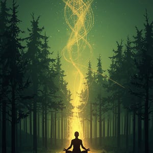 May include: A silhouette of a person meditating in a forest, with a golden light emanating from the person and reaching upwards. The forest is dark green, with tall trees. The image evokes a sense of peace and spirituality.