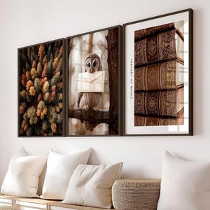 Set di decorazioni da parete con cornice – Foresta magica, lettera di gufo, toni autunnali caldi e stile vintage, ideale per l'angolo lettura o l'arredamento dello studio