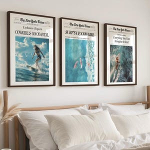 Conjunto de arte mural enmarcado para decorar paredes playeras: Trío de pósteres de periódico de vaquera surfista / Láminas retro con temática oceánica para una decoración costera moderna del oeste.