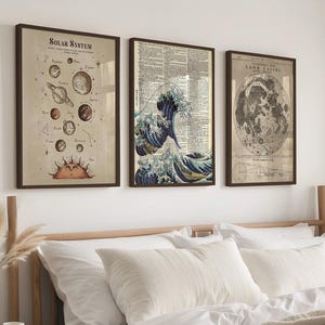 Vintage Astronomie Kunstdruck Set - Gerahmte Mondkarte, Große Welle & Sonnensystem | Zeitloses Wand Dekor für Wissenschaft Enthusiasten