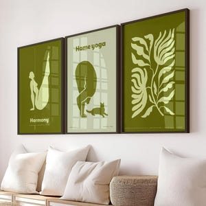 Gerahmtes Wandkunst-Set Yoga Silhouetten, Blattlinienkunst in Olivgrün für ruhige und minimalistische Wohnräume