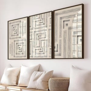Gerahmtes Wandkunst-Set neutrales geometrisches Labyrinth Poster Modernes minimalistisches Liniendruck-Trio für stilvolles Wohnzimmer- oder Bürodekor