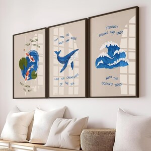 Gerahmtes Wandkunst-Set Ruhiger Ozean inspirierte Koi Fische, Serenewal und künstlerische Welle Poster zur Beruhigung Küstennautische Wohnkultur