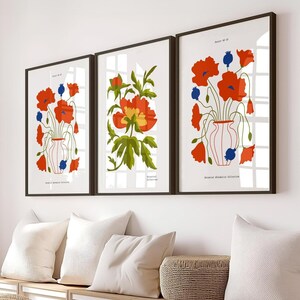 Conjunto de arte mural enmarcado: Arte mural de flores rojas, decoración estética para dormitorio, impresiones botánicas de amapolas, póster minimalista con jarrón.