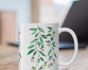 Citroenen en wijnstokken koffiemok | 11 oz keramiek, hangend fruitontwerp