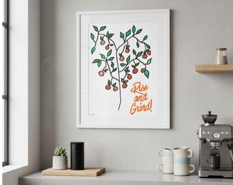 Orange Botanical Print | 'Rise and Grind' Mantra, Matte Vertical Fruit Decor