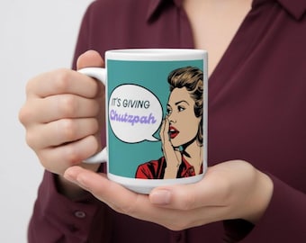 It's Giving Chutzpah-mok – grappig joods koffiekopje – retro popart keramische mok – judaica humor drinkgerei