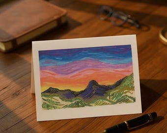 Wenskaart landschap zuidwest, kleurrijke zonsondergang kunstkaart, blanco natuurkaart, modern geïllustreerd briefpapier, cadeau voor natuurliefhebber