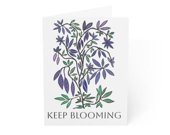 Motiverende inspirerende bloemenillustratie "Keep Blooming" | Paarse botanische print