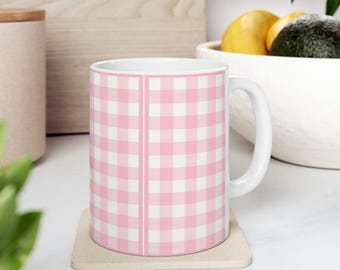 Pink Gingham Check Mug | Ceramic Coffee Tea Cup, Easter mug, Farmhouse decor