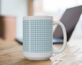 Zomerblauwe mok met gingangruit | 15 oz keramische geruite koffiekop