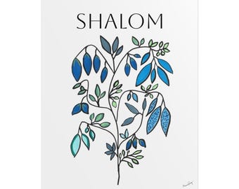 Blauwe poster met botanische bladeren 'shalom'