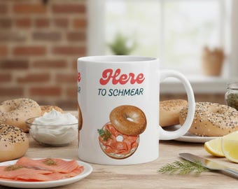 Ceramic Jewish lox mug- Here to Schmear Bagel Mug- Bagel Lox Jewish Humor Gift, Schmear Coffee Cup, NY Deli Lover Present, Brunch Lover Mug
