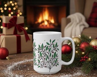 Christmas Holly Tree Ceramic Mug | Holiday Botanical Gift, 15 ounces