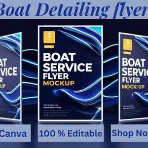 Może przedstawiać: Makieta ulotki promocyjnej dla usług detailingu łodzi. Projekt zawiera trzy pionowe ulotki z ciemnoniebieskim tłem i abstrakcyjnymi niebiesko-białymi wzorami przypominającymi fale. Tekst "Boat Service Flyer Mockup" jest wyraźnie widoczny.