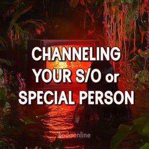 以下が含まれることがあります： 白い文字で「CHANNELING YOUR S/O or SPECIAL PERSON」と書かれた画像。背景にはビンテージテレビがあり、水中に人がいます。シーンは、豊かな葉のある暗い赤色の環境に設定されています。
