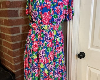 Vestido vintage de los 80 con estampado floral, cinturón, estilo tropical brillante, largo midi, estilo retro cottagecore 6