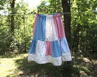 Falda midi de patchwork floral, estilo campesina, estilo bohemio hippie, estilo cottagecore, vintage y con encaje, cintura elástica.