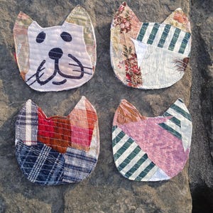 Cat Patch: Fabric Patchwork, Iron-On or Sew-On Applique, Hand crafted, Frayed Edges Vintage Boho Retro-Look