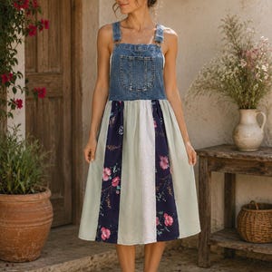 Upcycled Denim Overall Dress: Cottagecore Boho Patchwork Skirt, Size S/M