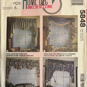 May include: A Home Dec In A Sec pattern envelope 5848 featuring four window valance designs. The images show a cascade valance with contrast back, a fishtail valance with trim and rosettes, a double or triple cascade valance, and a regal valance.