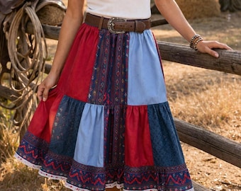 Falda midi de patchwork hecha a mano, estilo vintage y encaje, estilo cottagecore, campestre, bohemio, hippie, estilo western.