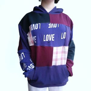 Gesteppter Upcycle Hoodie, Überarbeiteter Hoodie Sweatshirt Patchwork, Größe L XL