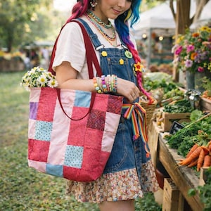 Patchwork Quilted Tote Bag: Recycled Cotton Fabric, Flat Bottom