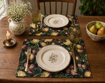 Juego de 2 manteles individuales de tapiz de frutas vintage, decoración de cocina estilo cottagecore, pera y manzana.