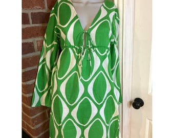 Minivestido retro verde y blanco con estampado, estilo babydoll, túnica, ideal para festivales, con abertura en forma de ojo de cerradura, talla M.