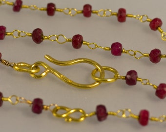 18k Gold Ruby Bead Chain Necklace, Delicate July Birthstone
